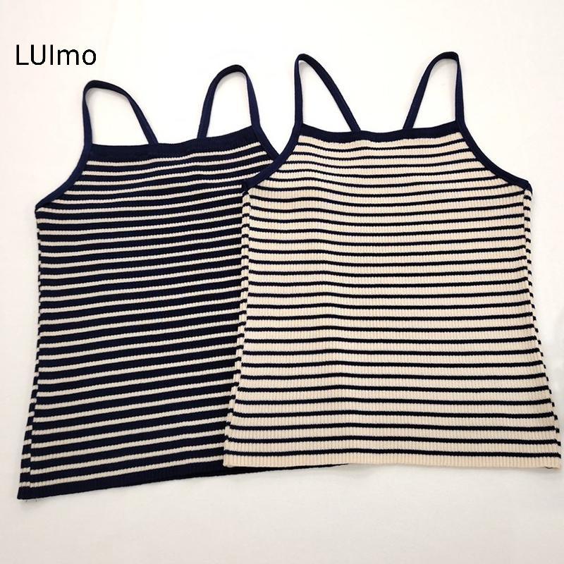 Camisole nữ retro màu sắc tương phản sọc, không tay ngắn, phù hợp mùa hè