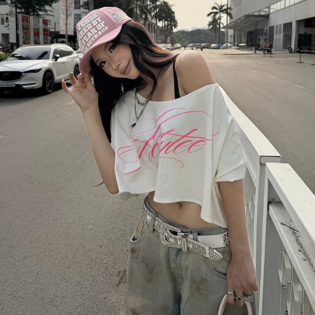 Klalien Xu Hướng In Chữ Áo Thun Nữ Cổ Xiên Cổ Tay Ngắn Chắp Vá Hottie Dạo Phố Đơn Giản Hàng Ngày Crop Tee