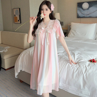Đầm ngủ mùa hè màu trơn phối ren nơ lưới phong cách công chúa, dài vừa phải mặc nhà dành cho nữ