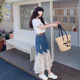 Bộ trang phục quyến rũ dành cho nữ, gồm áo ngắn tay và chân váy denim mùa hè trẻ trung thanh lịch