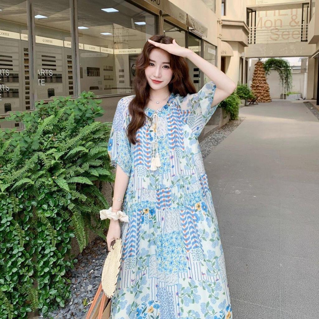 Váy hoa tay phồng dành cho nữ, phong cách mới kiểu Pháp, thời trang dài mùa hè - Giảm giá 50%