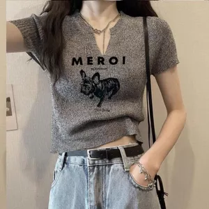 Áo sơ mi dệt kim lụa mỏng, cổ chữ V, ngắn tay dành cho nữ - Mới 2026