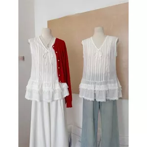 Áo Vest không tay cổ chữ V nhiều lớp phong cách Hàn Quốc dành cho nữ mùa hè béo mm Thiết kế nơ Sling Áo sơ mi nhỏ