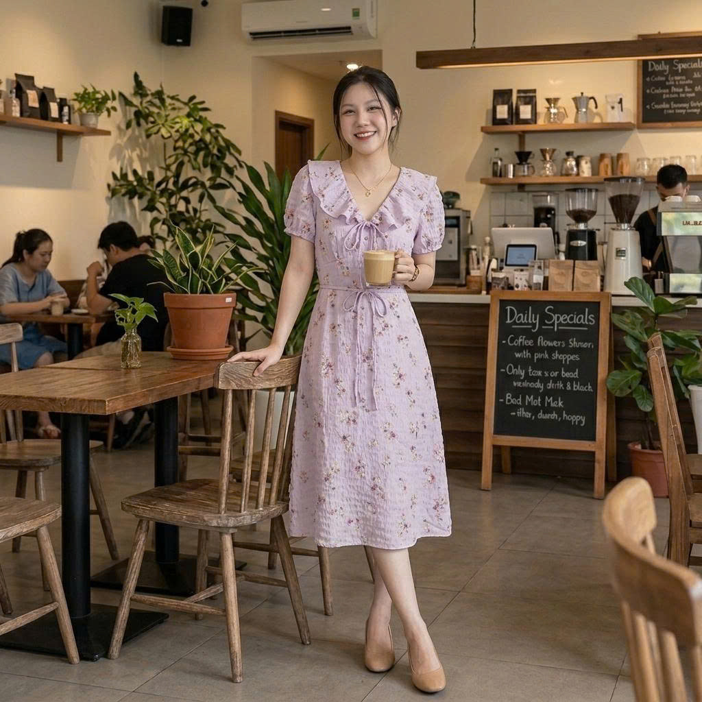 Váy hoa nhí dáng dài phối cổ bèo đi biển siêu xinh Linh Tây.Clothing - V001