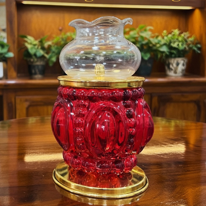 Đèn Dầu Thủy Tinh Họa Tiết Vân/Sen Đa Sắc Đế Vàng Cao Cấp - Đèn Thờ Cúng Phật, Gia Tiên, Thần Tài [ Đèn 054 ]