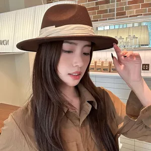 Mũ Flat Top Hat Nữ Widespread Edge Ribbon, Làm Từ Len Bầu, Phong Cách Retro Thanh Lịch