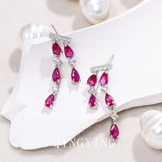 Châu Âu Mỹ ins Phong Cách Mới Bông Tai Tua Rua Corundum Đỏ Nữ
