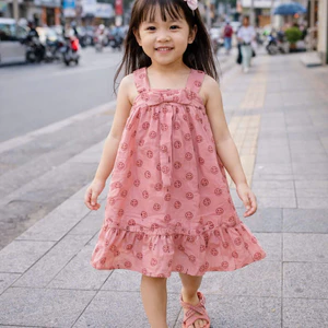 Váy Bé Gái Sát Nách Họa Tiết Mặt Cười Smiley - Đầm Hồng Cotton Dáng Xòe Có Nơ Cho Bé Từ 1-6 Tuổi