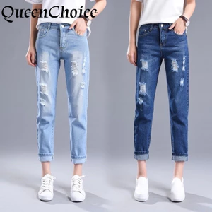 Quần Jean Rách Thời Trang BF Phong Cách Thẳng Denim Hậu Cung Quần Nữ Chiều Dài Đến Mắt Cá Chân Quần