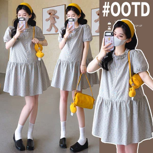 Váy bà bầu phong cách Hàn Quốc hè, in chấm bi bằng cotton nguyên chất