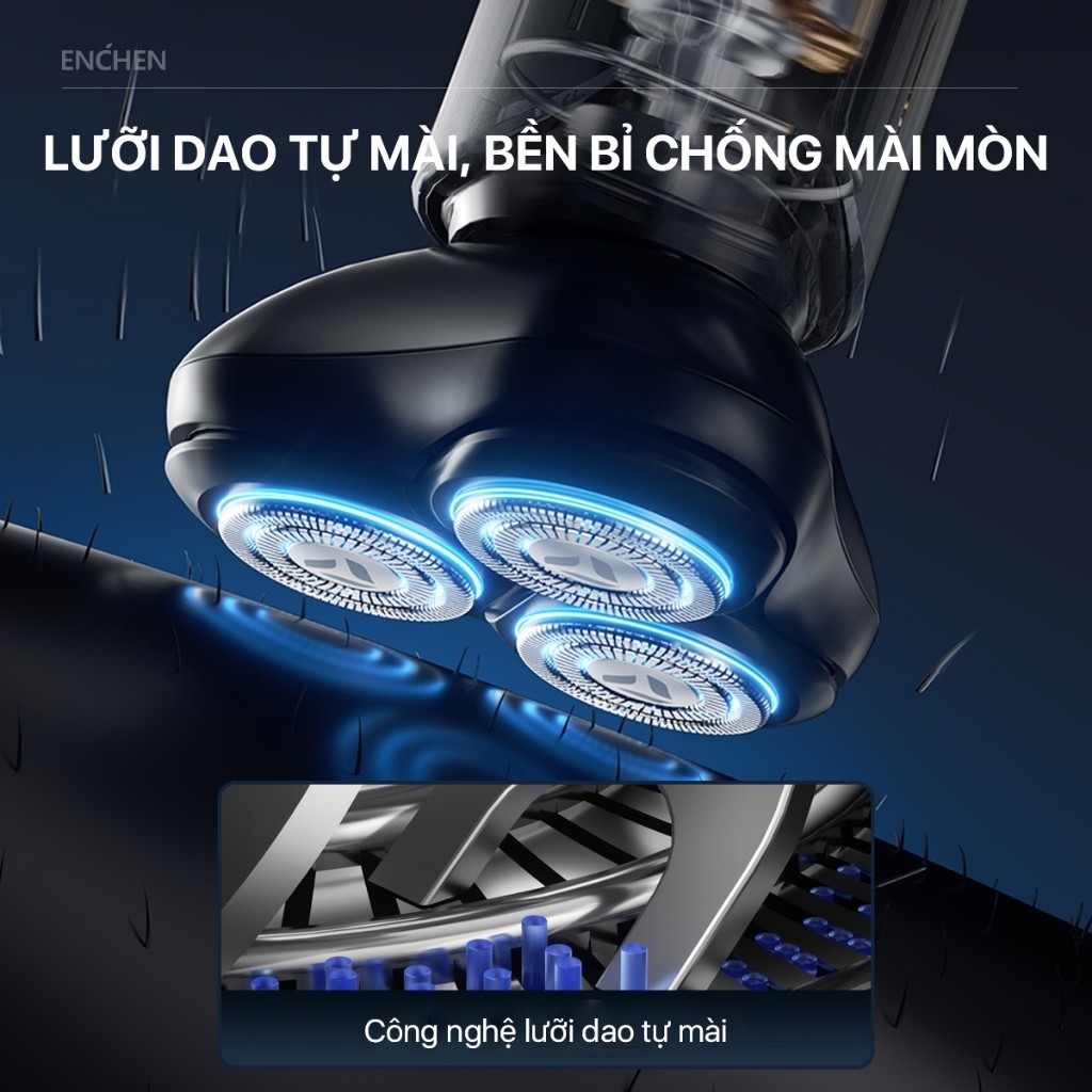 Máy cạo râu Blackstone 9 Enchen hợp kim, 3 lưỡi dao kép 3D cạo sạch, chống nước 100%, BH 12 tháng
