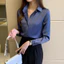 Áo sơ mi nữ satin màu xanh trơn, dáng rộng phù hợp công sở