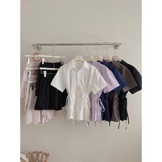 Set áo sơ mi đũi phối dây buộc hai bên eo kèm quần short cạp chun, Set đồ bộ