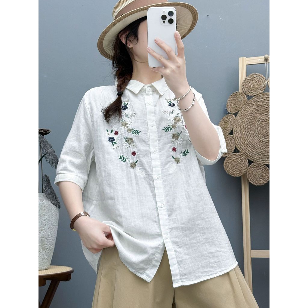 Áo sơ mi nữ 100% sợi cotton cao cấp, thiết kế nghệ thuật gai rời thêu, phù hợp mùa hè