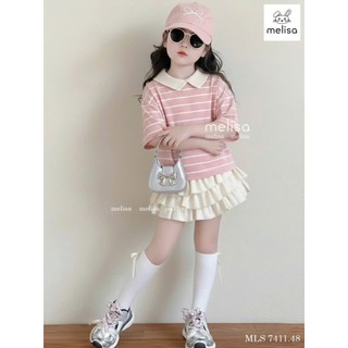 12-38kg (hàng thiết kế) Set áo kẻ cổ bẻ mix chân váy tầng Melisa