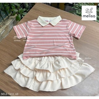 12-38kg (hàng thiết kế) Set áo kẻ cổ bẻ mix chân váy tầng Melisa