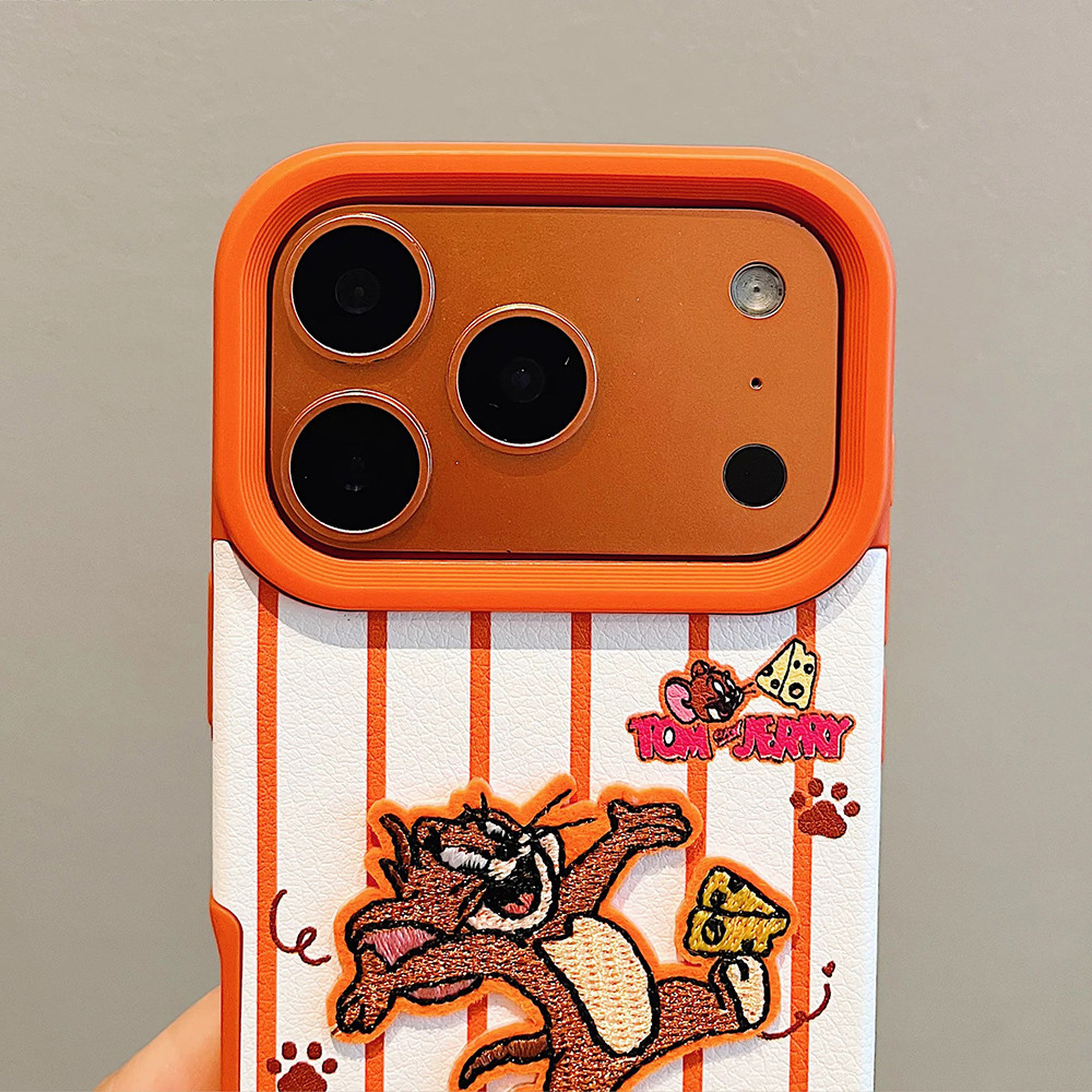 3D Thêu Chuột Mèo Sọc Cam Da Điện Thoại Cho iPhone 17 Pro Max 16 15 14 13 12 Vỏ Bảo Vệ Chống Sốc