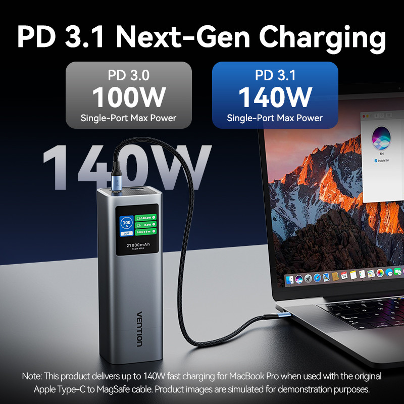 Pin Sạc Dự Phòng Vention 27000mAh 140W PD3.1 - Màn Hình TFT Hiển Thị Thông Minh - Vỏ Hợp Kim Nhôm - 3 Cổng (2C1A