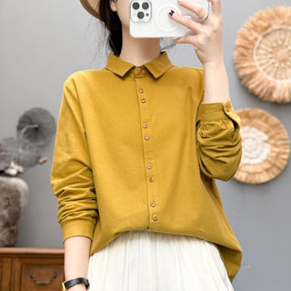 Sẵn sàng - Áo sơ mi nữ 100% cotton cổ nhọn nút đôi, phù hợp mùa thu đông