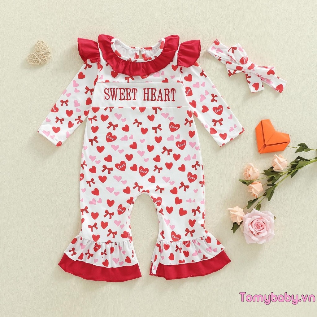 Bộ áo liền quần in hình nơ trái tim dài tay mùa thu cho bé gái có băng đô cho ngày lễ tình nhân