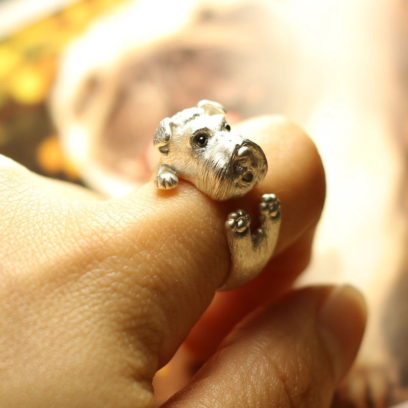 Thiết Kế Ban Đầu Handmade Schnauzer Puppy Động Vật Nhẫn Mở Nhẫn Kẻ Sọc Cặp Đôi Chữ Miễn Phí Tanabata