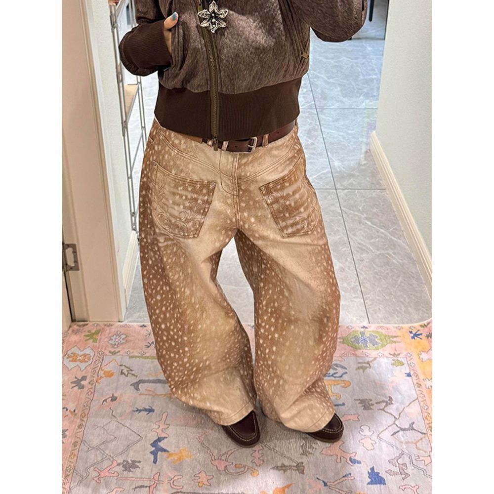 [Giảm Giá 50%] Quần Jean Nữ Họa Tiết Hươu, Thiết Kế Oversize, Thêu Tay Chất Lượng