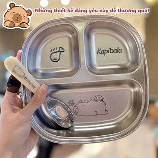 【BabyJoy】Khay ăn 3 ngăn hình Capybara cho bé, chất liệu inox cao cấp an toàn, kèm thìa inox, Thích hợp cho trẻ em