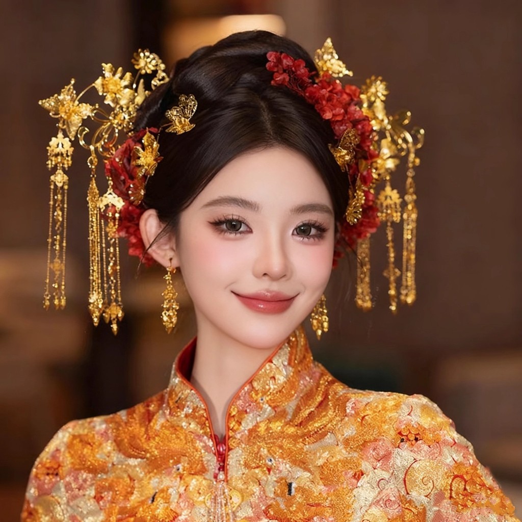 Mũ đội đầu cô dâu rồng vàng phượng hoàng, kẹp tóc đơn giản, phụ kiện tóc cưới retro