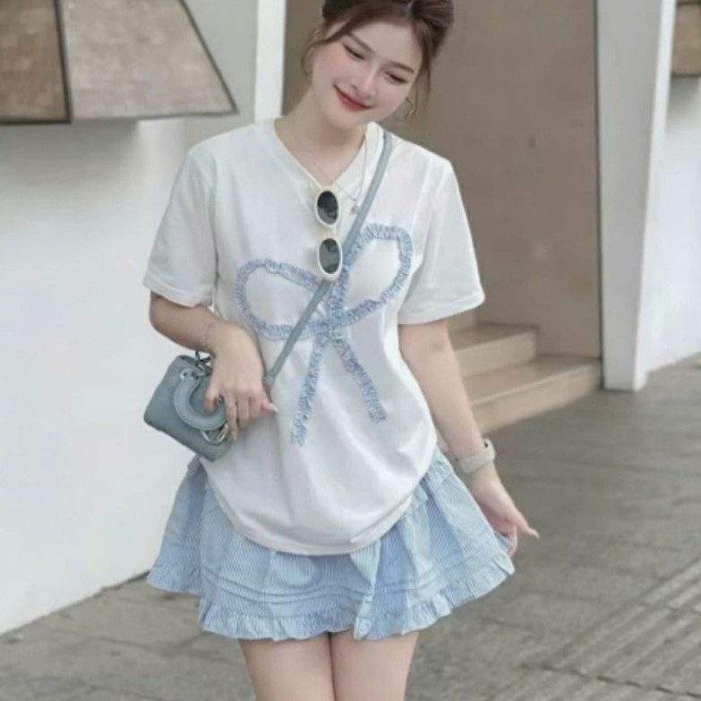 Set áo nơ váy sọc thời trang dành cho nữ bigsize form freesize - Emxinh Bs002 từ 50kg đến 90kg