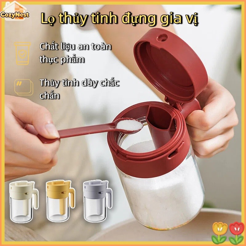Lọ Thủy Tinh Đựng Gia Vị 300ml-Ngăn Thìa Riêng & Nắp Kín, Chống Ẩm, Chống Vỡ, Dùng Cho Bếp