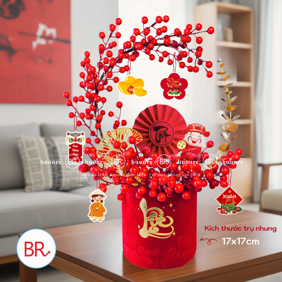 [Tết 2026]Set nguyên liệu cắm bình Đào Đông Lộc Minh Xuân đón tài lộc–Cành hoa trang trí Tết kèm bình trụ nhung đỏ