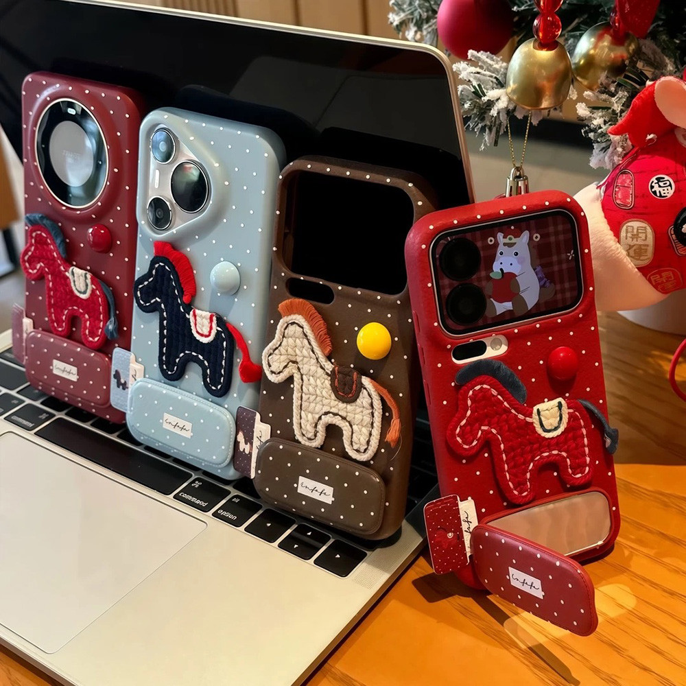 3D Thêu Ngựa Đậu + Gương Giá Đỡ Da Gấp Ốp Lưng Điện Thoại iPhone 17 Pro Max 17 Air 16 Plus 15 14 13 12 11 Vỏ Bảo Vệ Chống Sốc