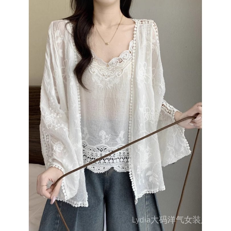 <![CDATA[Áo sơ mi ren thêu hai mảnh plus size -Slimming hiệu quả]]>