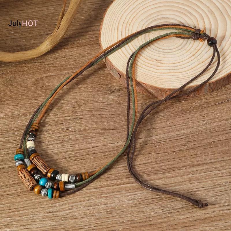 JULY HOT - Bộ 2 Chiếc: Dây Chuyền Nhiều Lớp Hạt Gỗ và Bracelet Da Đính Hạt Phong Cách Vintage