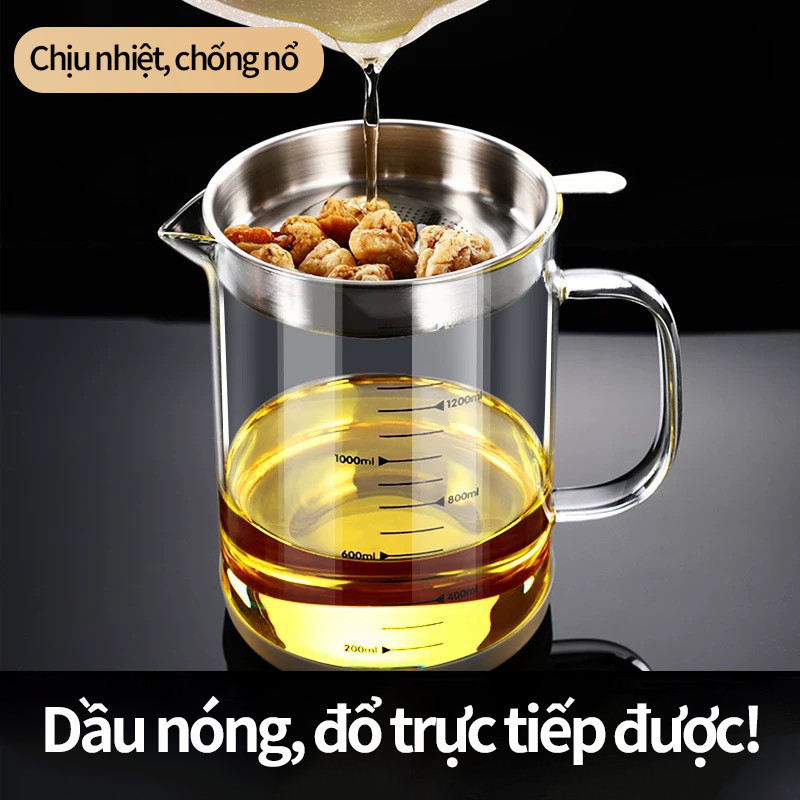 Ca Lọc Dầu Ăn Thủy Tinh Borosilicate - Bình Lọc Dầu Nắp Inox 304, Dung Tích 800-1300ml, Lọc Cặn Tiện Lợi