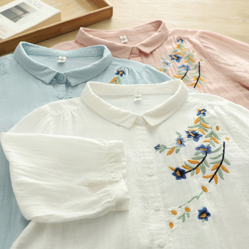Áo sơ mi nữ tay ngắn thêu đẹp mắt, chất liệu sợi cotton cao cấp, sẵn sàng giao hàng