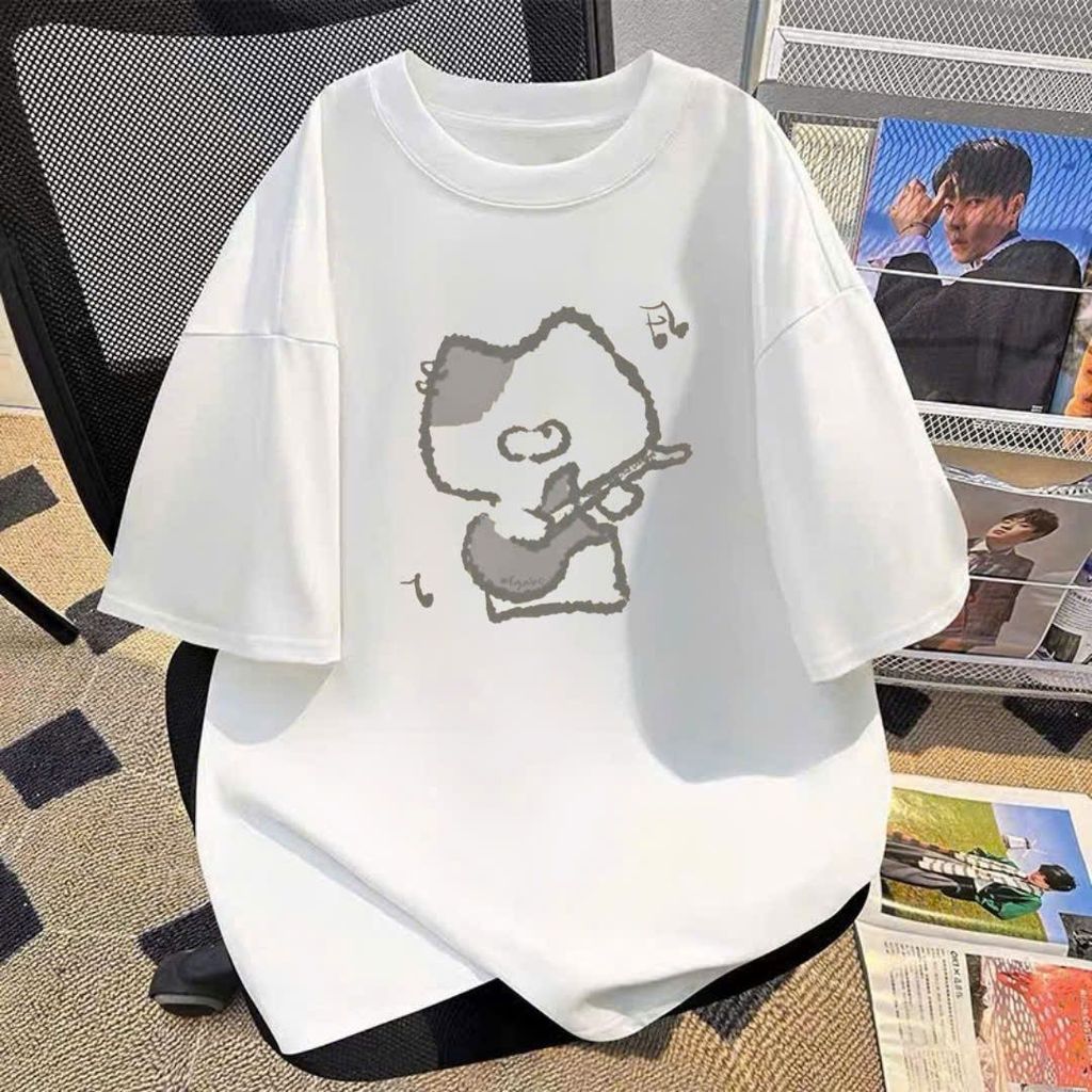 Áo phông basic tay lỡ thời trang, unisex họa tiết mèo đánh đàn