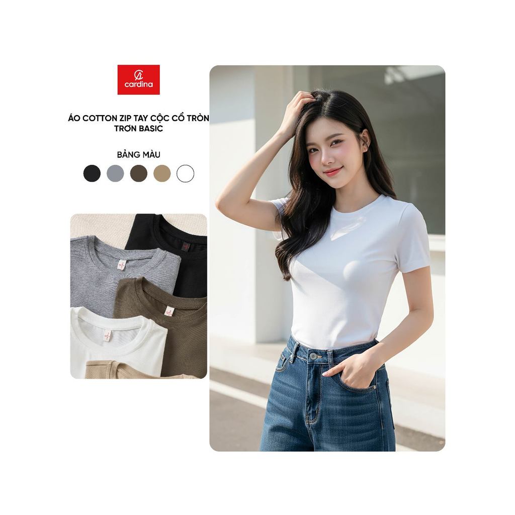 Áo thun nữ CARDINA chất liệu Cotton zip tay cộc cổ tròn basic  6ATC16