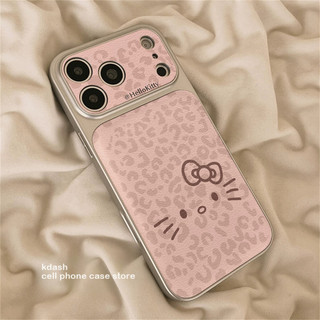 Phim Hoạt Hình Dễ Thương Báo Hồng Hellokitty Vỏ Điện Thoại Da Mạ Điện Cho iPhone 17Promax 17Pro 12 13 14 15 16 Pro Max 11 Vỏ Di Động Nữ Chống Sốc