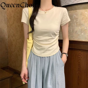 Áo thun nữ màu trắng trơn thường ngày Áo sơ mi Cotton tay ngắn