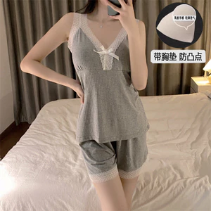 Bộ Đồ Ngủ Nữ Mỏng Phong Cách Suspender Quần Short Gợi Cảm Phù Hợp Với Loungewear Có Miếng Lót Ngực Màu Trơn Gợi Cảm Áo Vest Không Tay