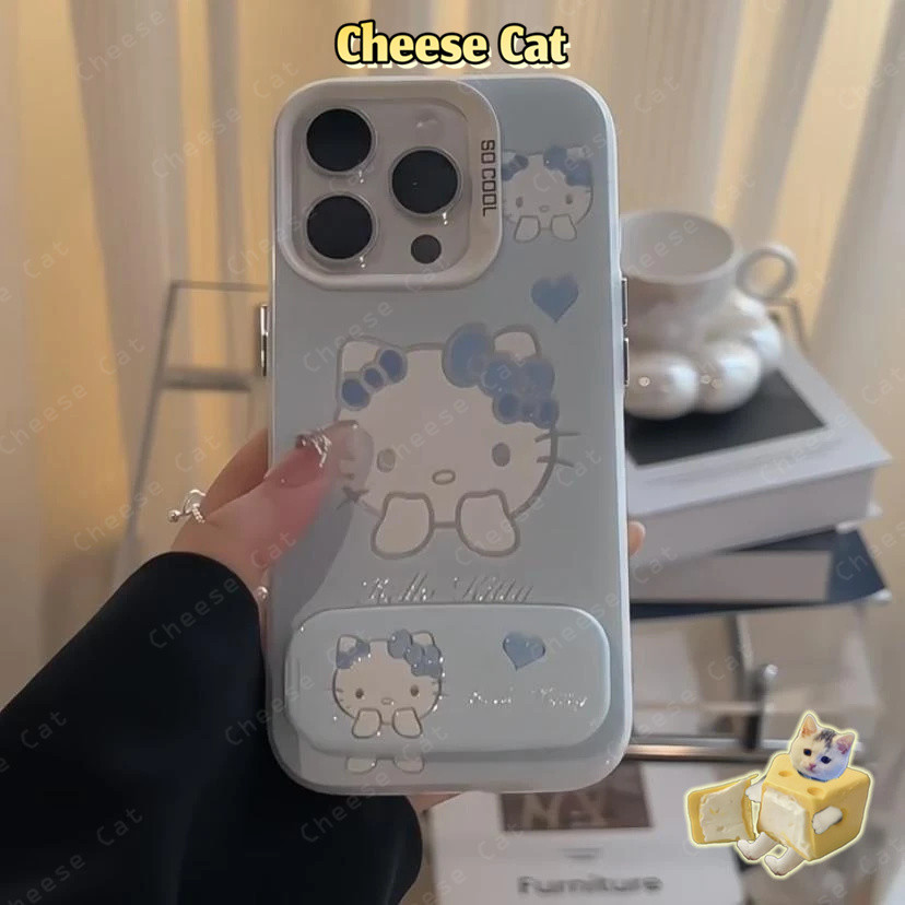Ốp lưng iPhone màu xanh hồng Kitty có gương Giá đỡ điện thoại cho iPhone 13 14 15 12 11 16 17 Pro Max 16E Xs Max XR 7