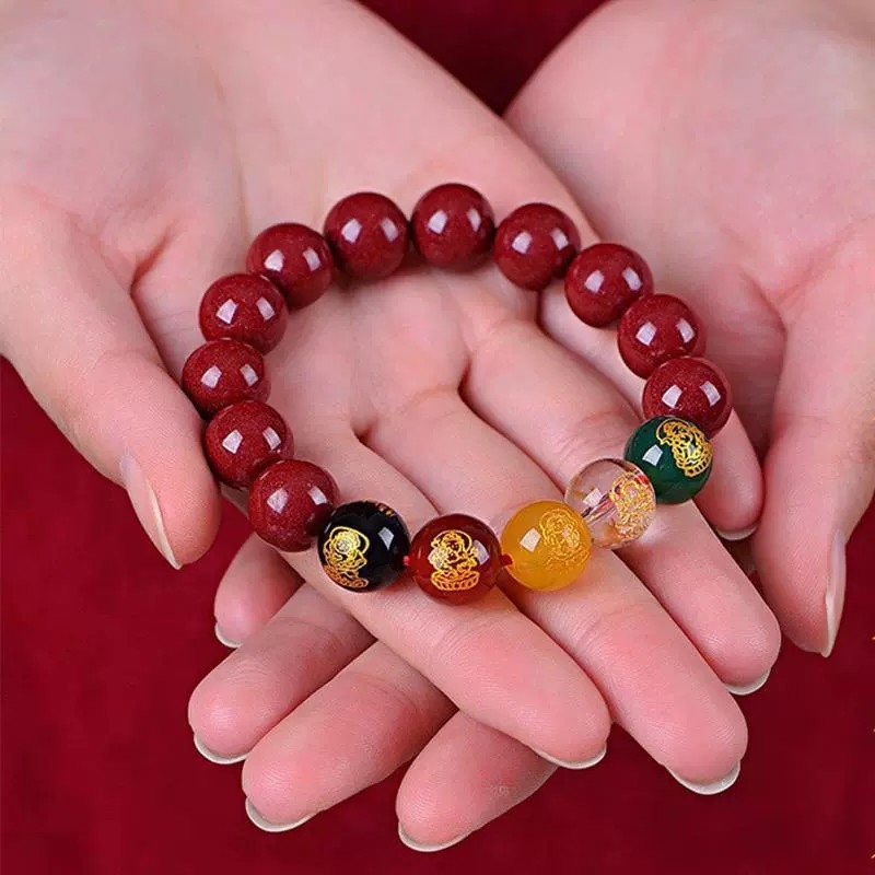 Vòng tay cinnabar màu vàng tím với dây đỏ - Quà tặng mang lại may mắn cho bạn bè