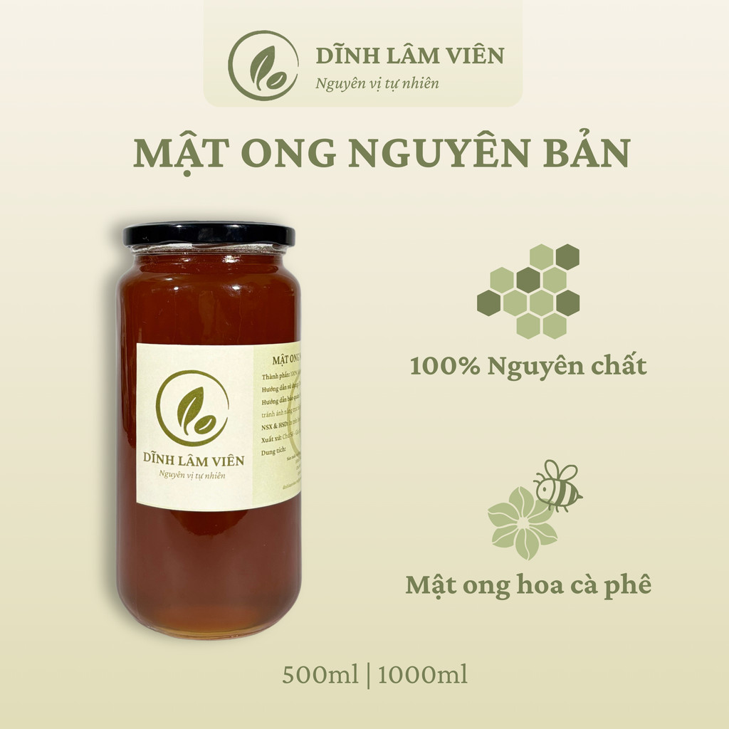 Mật ong hoa cà phê Gia Lai nguyên bản nguyên chất 500-1000ml hũ thuỷ tinh | Dĩnh Lâm Viên