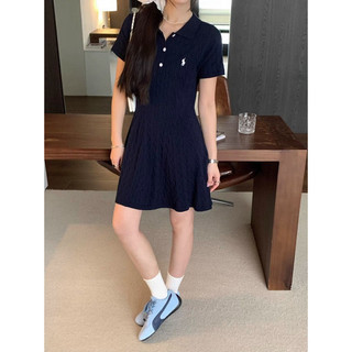 Đầm dệt kim tay ngắn mùa xuân cho phụ nữ, dáng A, eo thon, giảm béo, cổ polo, dài đến đầu gối