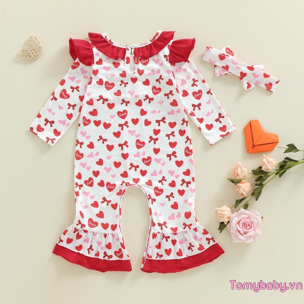 Bộ áo liền quần in hình nơ trái tim dài tay mùa thu cho bé gái có băng đô cho ngày lễ tình nhân