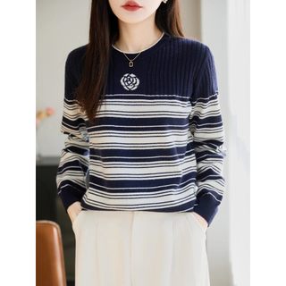 Áo len dệt kim sọc dài tay nữ cổ tròn phiên bản Hàn Quốc Áo đi lại ~