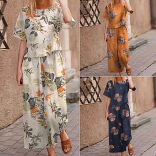 Áo cotton vải lanh in hoa tay ngắn - Bộ đồ thể thao thời trang mùa xuân
