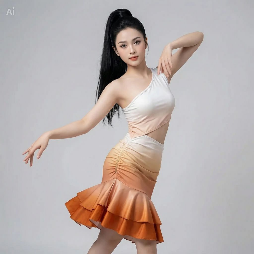 Váy Lệch Vai Khoét Eo Nữ Màu Gradient Cam Trắng Ngà, Xếp Nếp Nhún Hông Và Tầng Bèo Đuôi