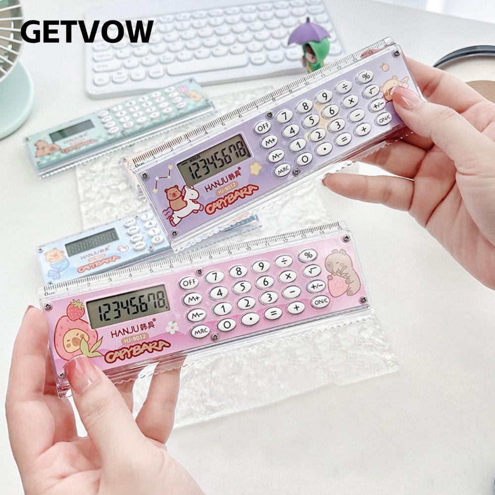 Thước thẳng GETVOW, có nút silicon Máy tính thước Capybara Mini, Công cụ vẽ thước đo 8 chữ số hoạt hình im lặng